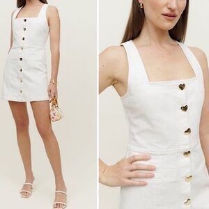 Reformation Dionne Denim Mini Dress White Gold Heart Buttons Bridal Party